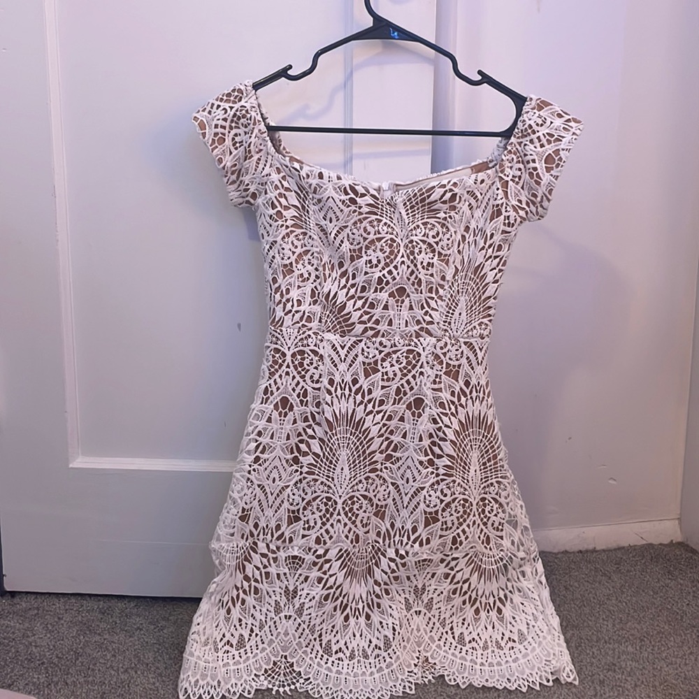 Boohoo white off the shoulder lace mini dress